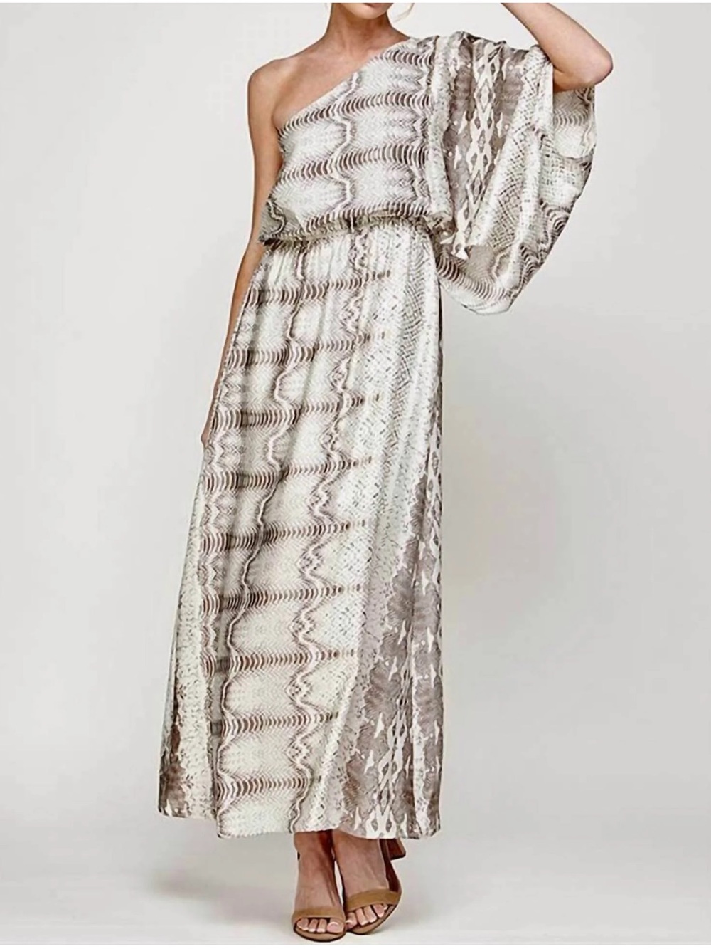 Fab’rik Caramela One Shoulder Snake Print Maxi Dress Ivory Grey Women's Size Lg